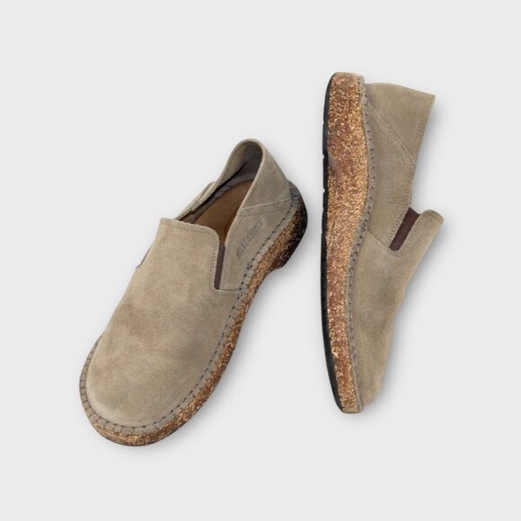 Birkenstock Callan Suede Slip Ons 38 L 7 Taupe Cork Leather EUC Worn 1x - Picture 1 of 8